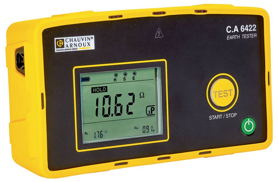 Dispositivo di misurazione della terra giallo con display che mostra '10,62 Ω'. Due tasti a destra: 'TEST' e 'START/STOP'.