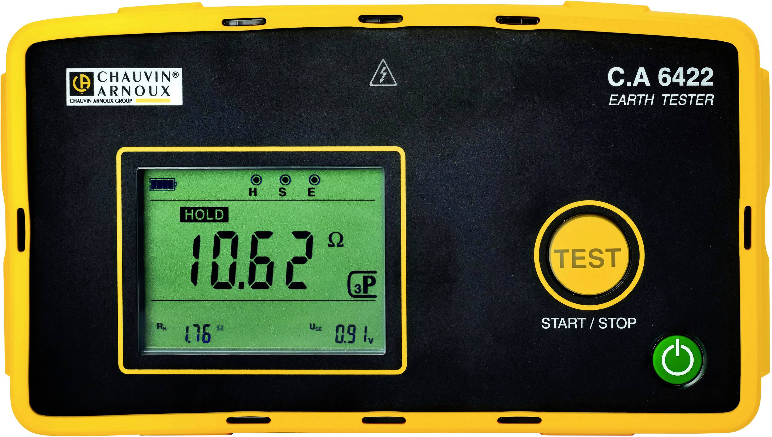Un ohmmetro per la resistenza di terra mostra un valore di misura di 10,62 Ohm su un display digitale. Sono presenti pulsanti per 'TEST' e 'START/STOP'.