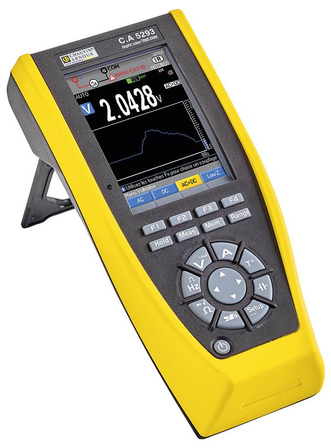 Misuratore digitale portatile con involucro giallo che mostra una tensione di '2.042V' sul display. Dispone di un supporto di sostegno e numerosi tasti di controllo.