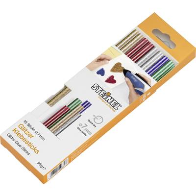 Confezione con 16 stick adesivi glitterati in colori diversi. In alto è visibile il marchio 'Steinel'.