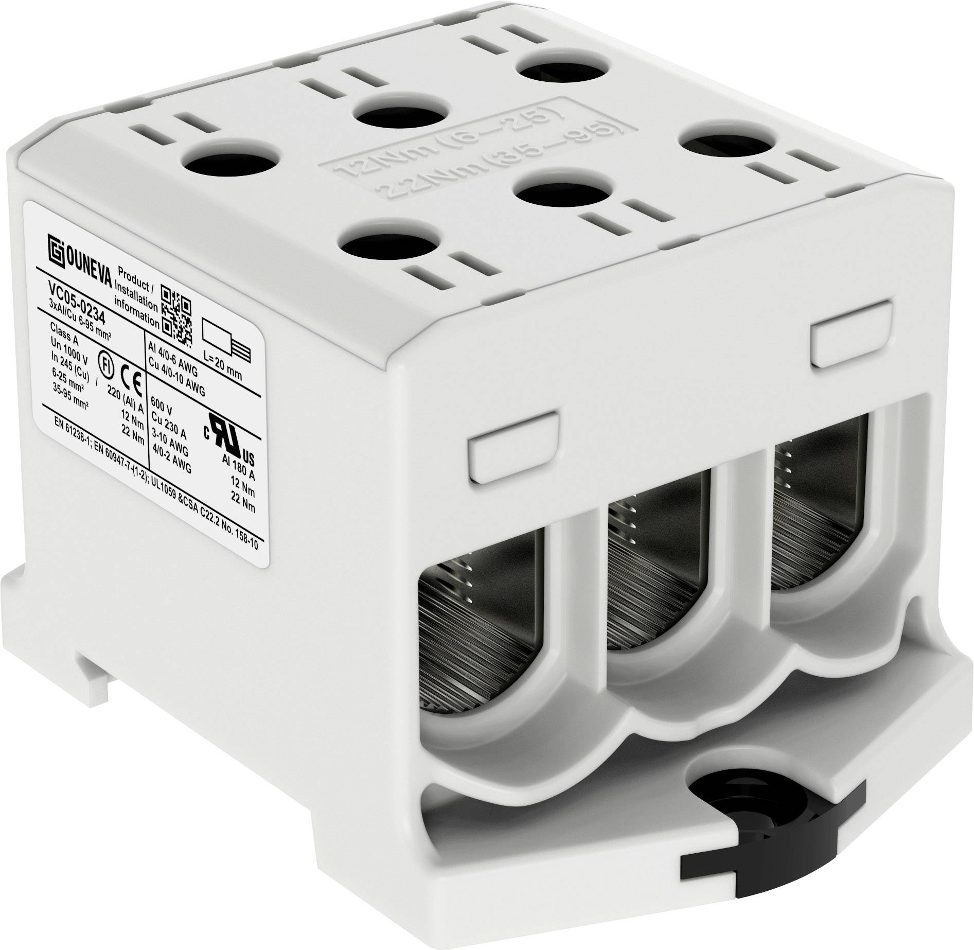 Scatola di morsetti elettrici grigio-bianca con più connessioni per cavi e specifiche tecniche stampate.