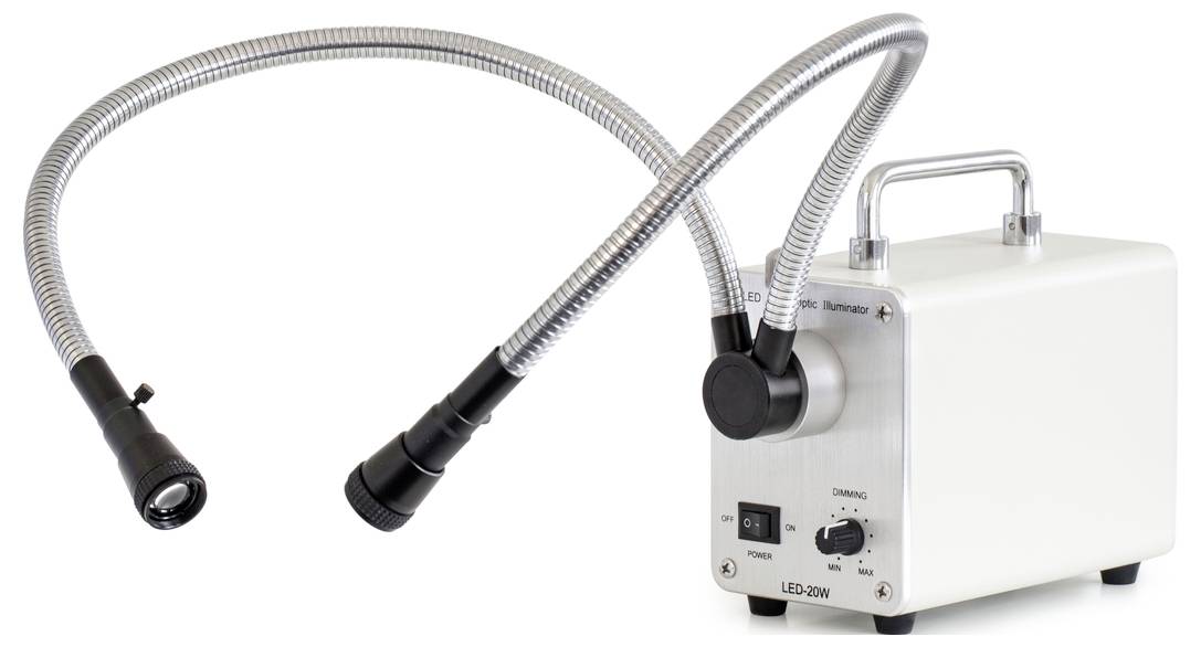 Dispositivo LED flessibile con due bracci a collo di cigno, ideale per un'illuminazione precisa in applicazioni mediche o industriali.