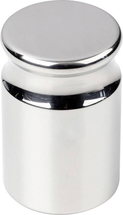 Un peso metallico lucente a forma di cilindro con un coperchio piatto, su uno sfondo neutro.