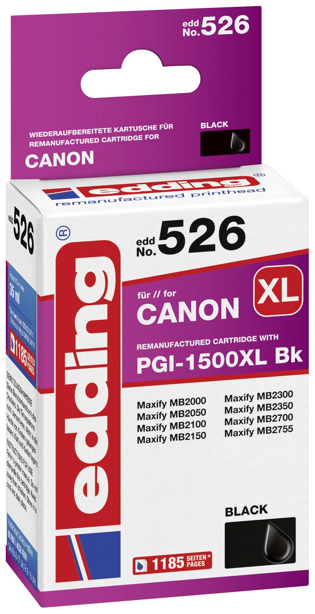 'Cartuccia di inchiostro nero Edding per stampanti Canon. Modello PGI-1500XL Bk. Compatibile con Maxify MB2050, MB2150, MB2350, MB2750.'