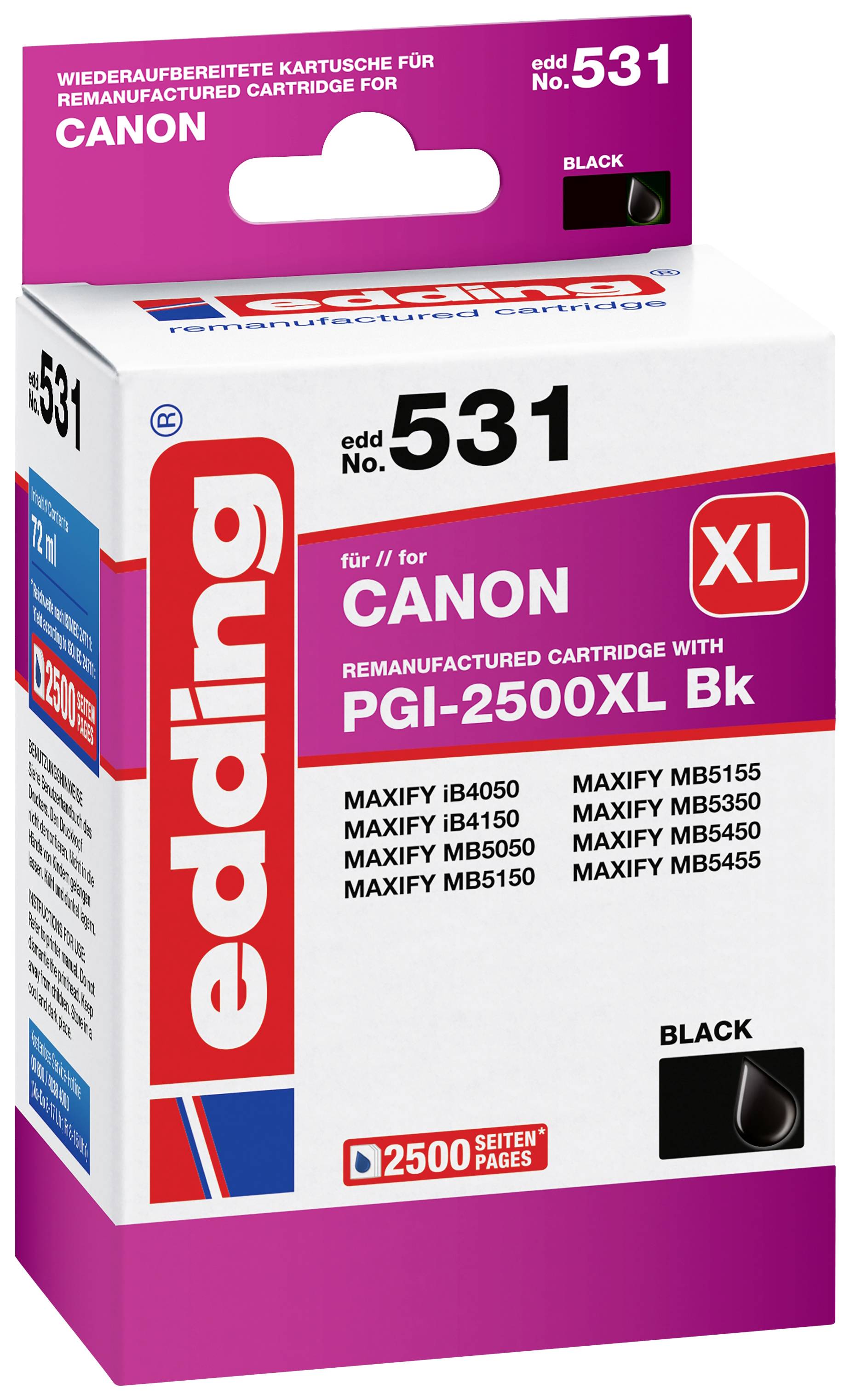 'Cartuccia rigenerata per Canon, modello n. ed. 531, Nero, compatibile con PGI-2500XL Bk, per stampanti serie MAXIFY MB e iB.'
