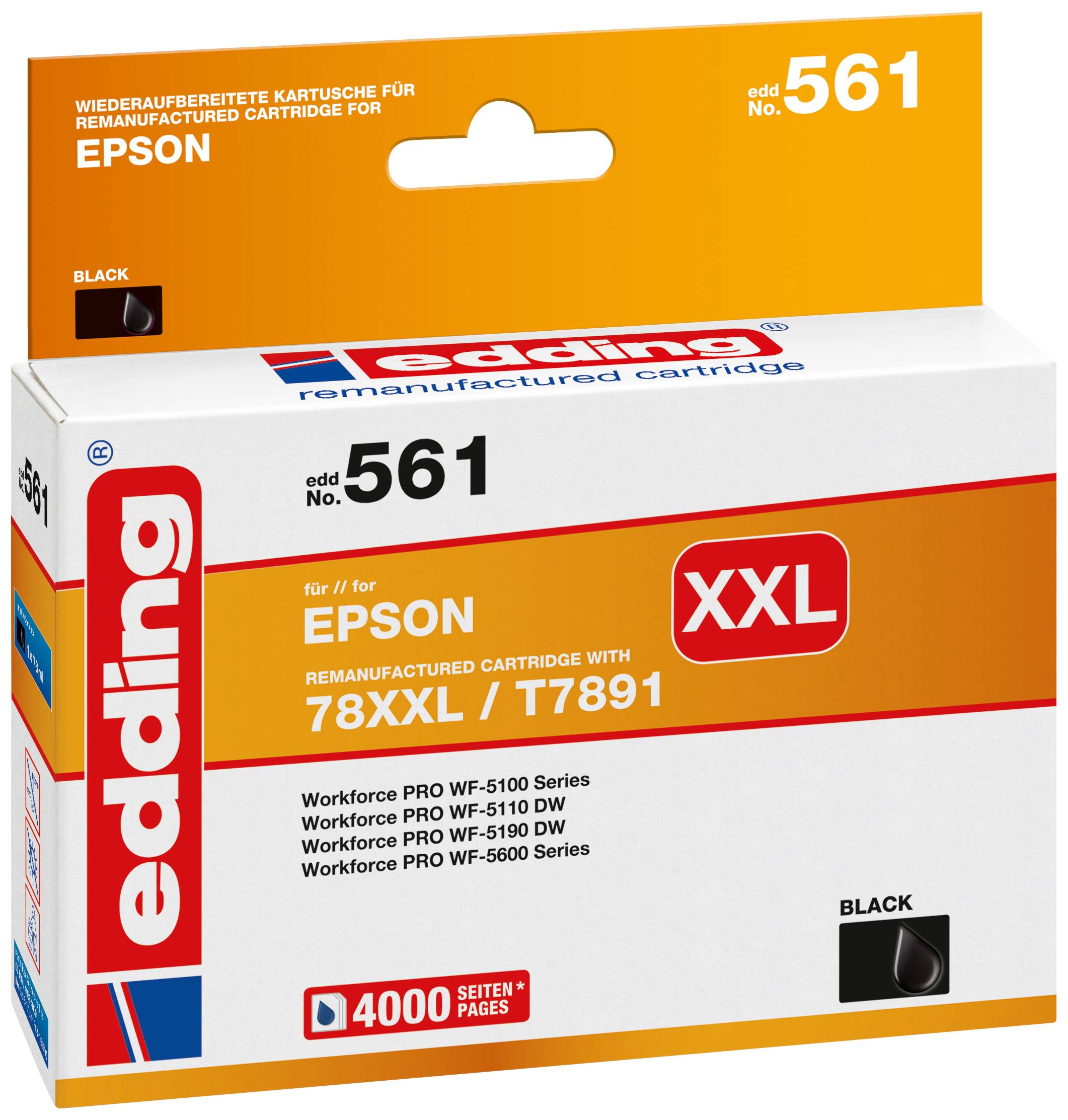 'Cartuccia d'inchiostro edding 561 XXL per Epson, nero. Compatibile con WorkForce Pro WF-5100, WF-5110, WF-5190, WF-5600, WF-5690. Resa 4000 pagine.'
