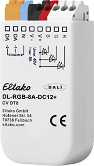 Piccolo dispositivo elettronico (DL-RGB-8A-DC12+) per il controllo dell'illuminazione LED, con connessioni e etichette contrassegnate a colori.