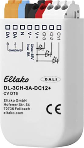 'Eltako DL-3CH-8A-DC12+' è un dimmer LED a tre canali, ultra sottile, con elementi di controllo colorati e descrizione tecnica.
