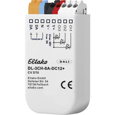 'Eltako DL-3CH-8A-DC12+' è un dimmer LED a tre canali, ultra sottile, con elementi di controllo colorati e descrizione tecnica.