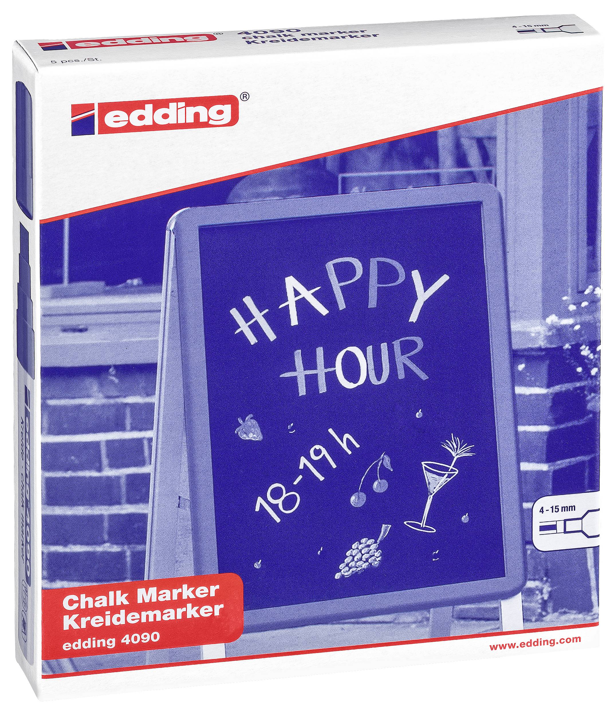 Confezione di marcatore gessetto Edding con un cartello sandwich blu recante la scritta 'HAPPY HOUR 18-19 h' e piccoli disegni di bevande e frutta.