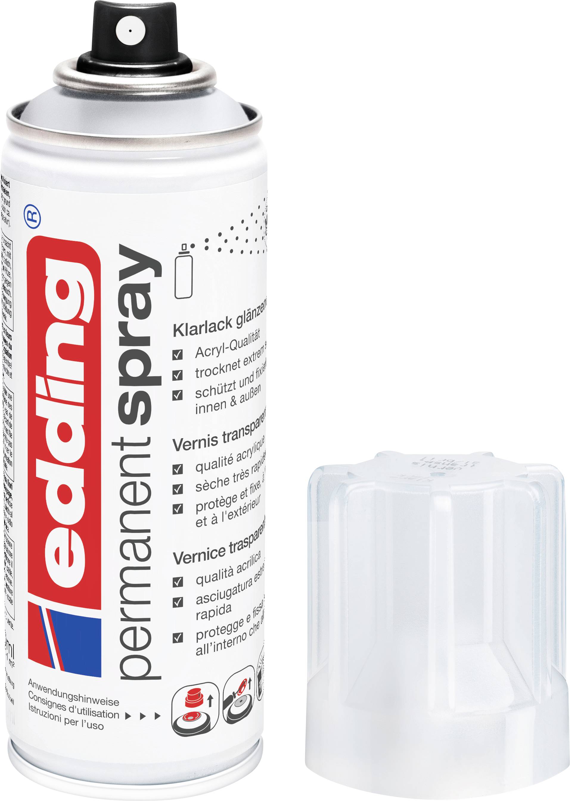 Lattina di aerosol bianca etichettata "edding permanent spray" con tappo nero accanto a un coperchio di protezione in plastica trasparente.