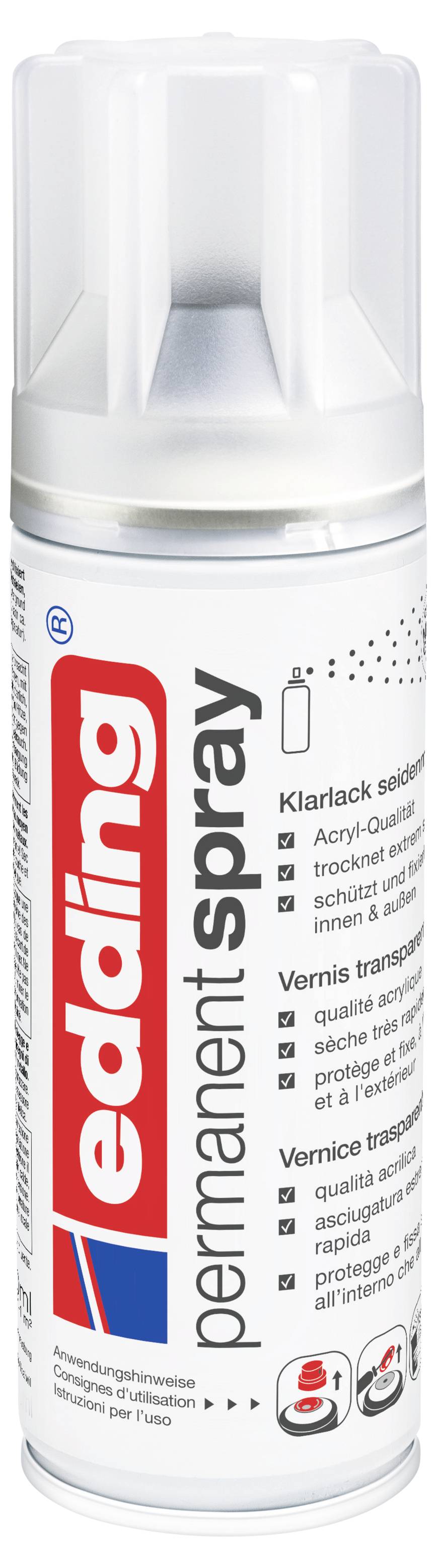 Bomboletta spray permanente Edding con tappo bianco ed etichetta, che mostra il nome del marchio e l'icona del prodotto per la vernice spray.