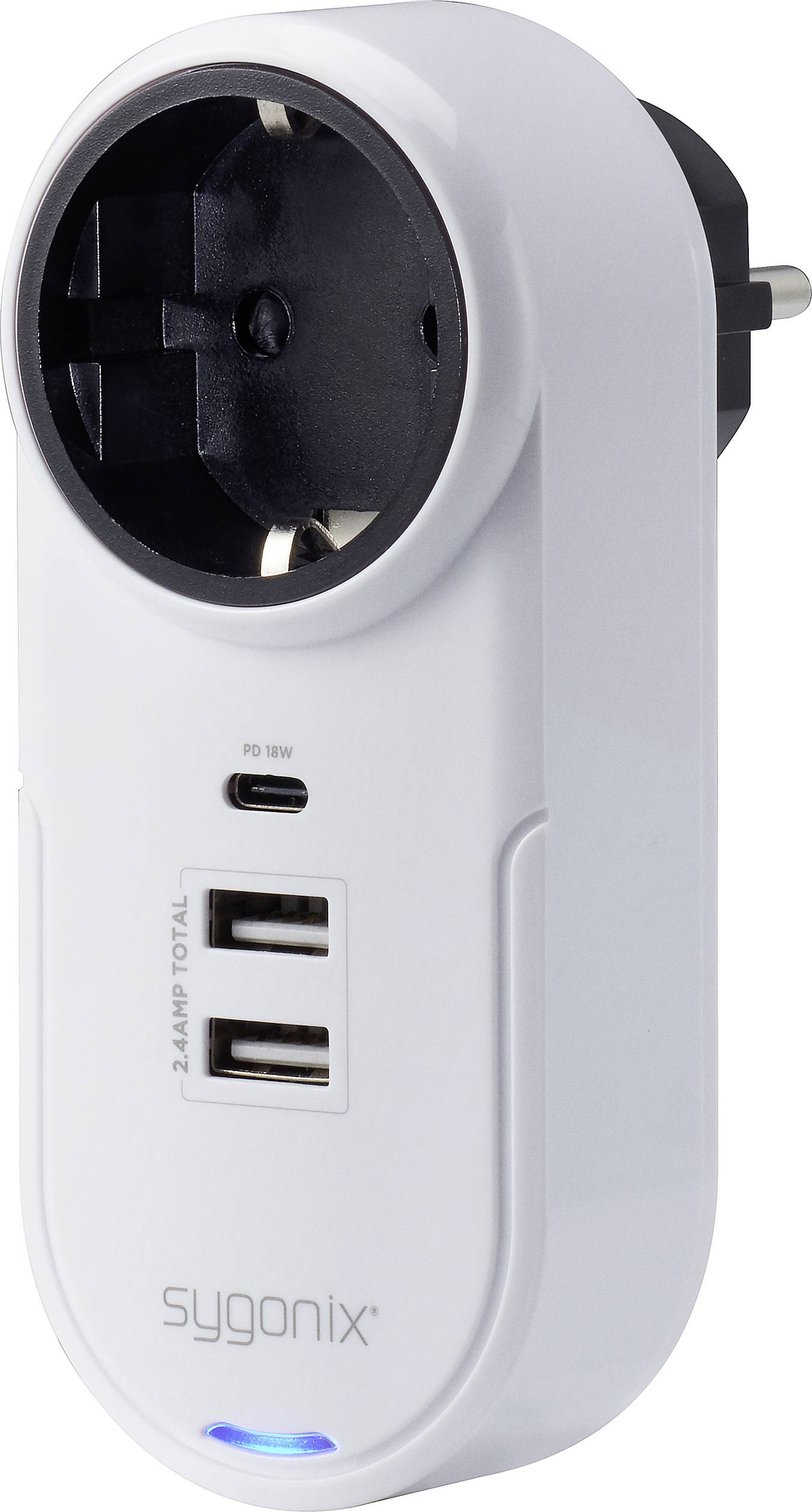 Adattatore da presa con due porte USB, spina EU. Marca 'sygonix'. Involucro bianco con indicatore luminoso blu.