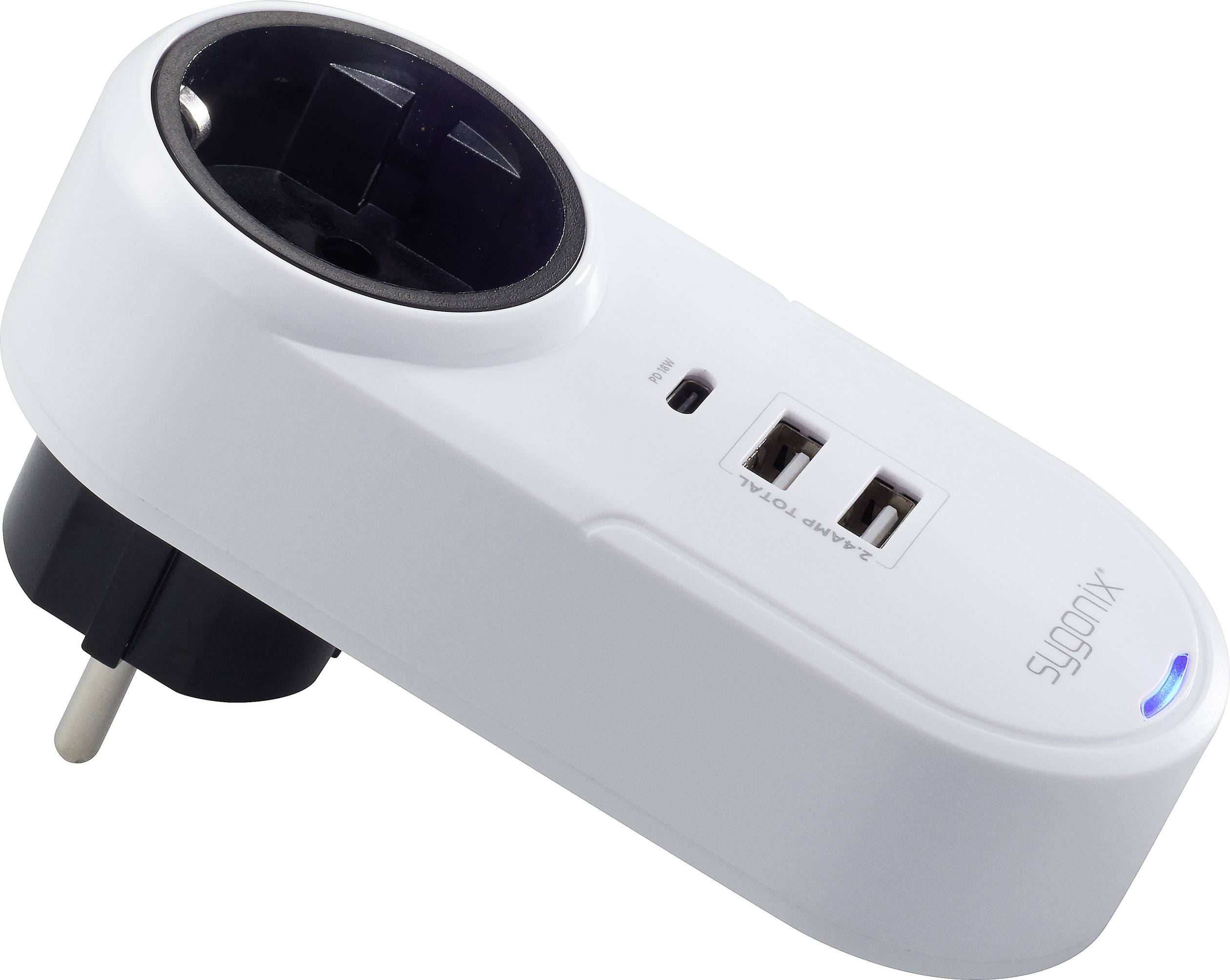 Una presa elettrica bianca e intelligente con due porte USB e un interruttore. Ha un indicatore LED ed è idonea per il montaggio a parete.