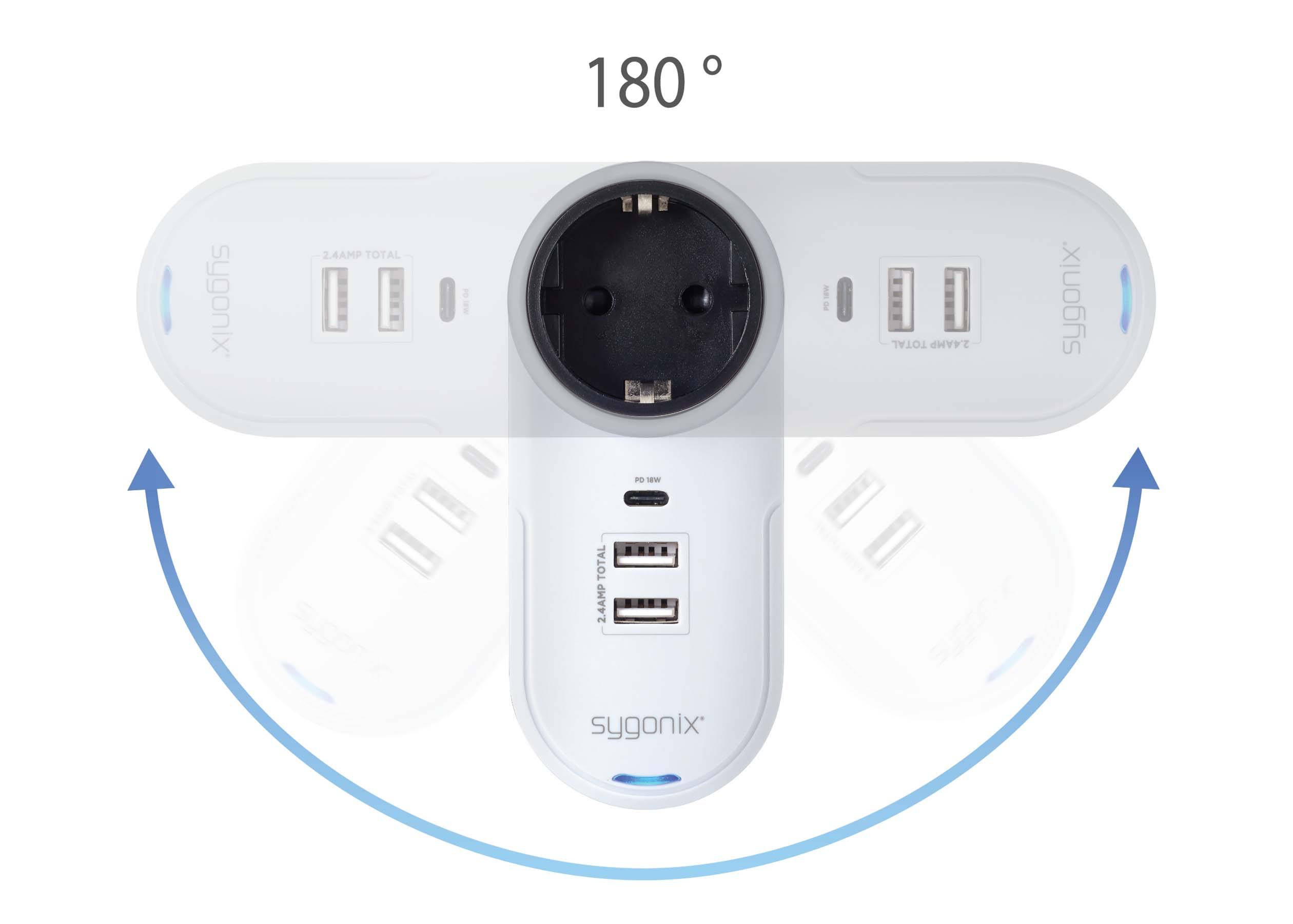 Presa multipla 'Sygonix' con presa ruotabile, orientabile di 180°. Include due porte USB e due prese elettriche standard.