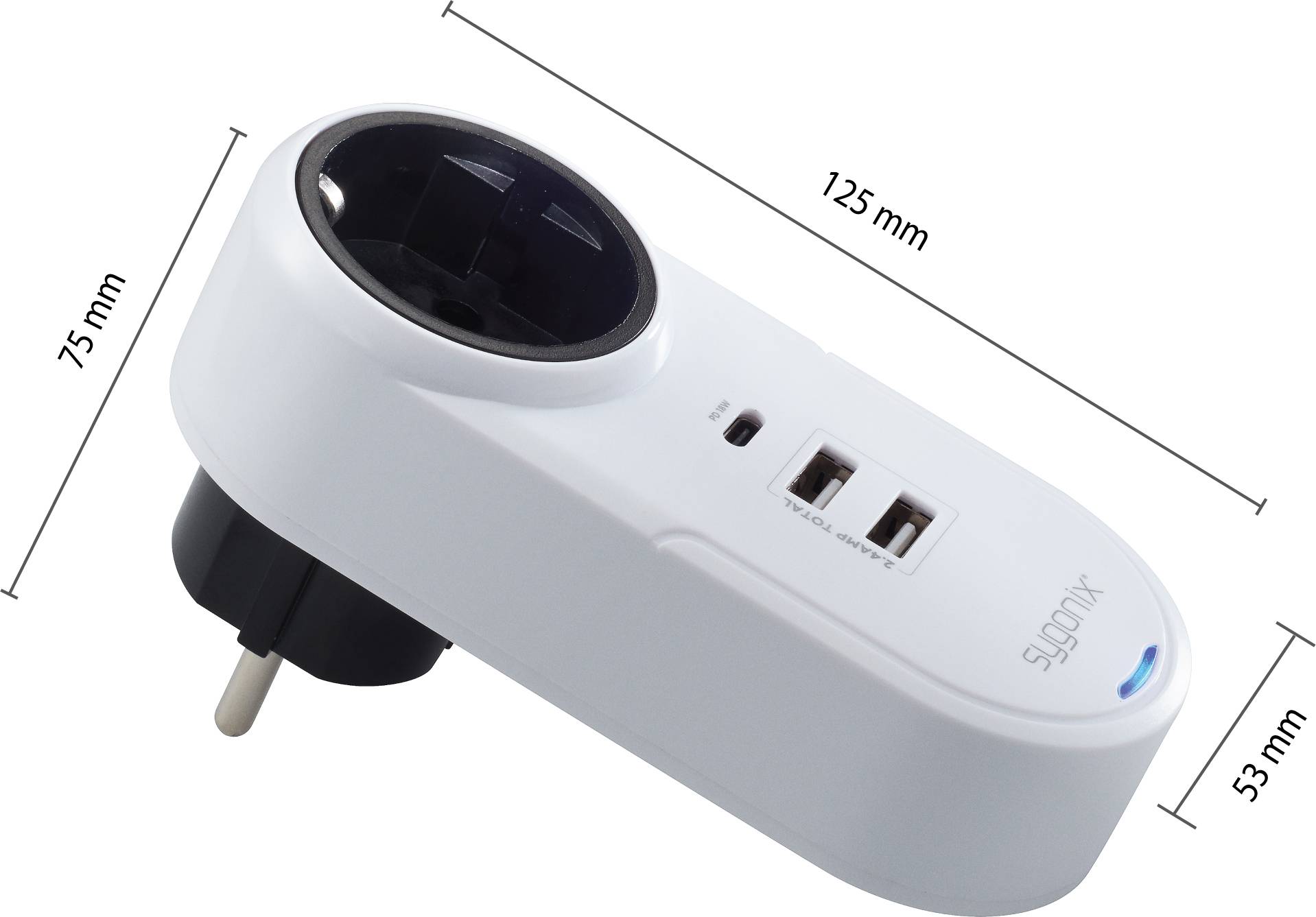 Presa intelligente con porte USB, spina europea, e dimensioni di 125 mm x 75 mm x 53 mm, per il controllo dei dispositivi.