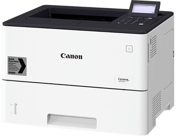 Una stampante Canon i-SENSYS bianca con parte superiore nera e display LCD. A sinistra è visibile un adesivo con la scritta 'Quick First-Print'.