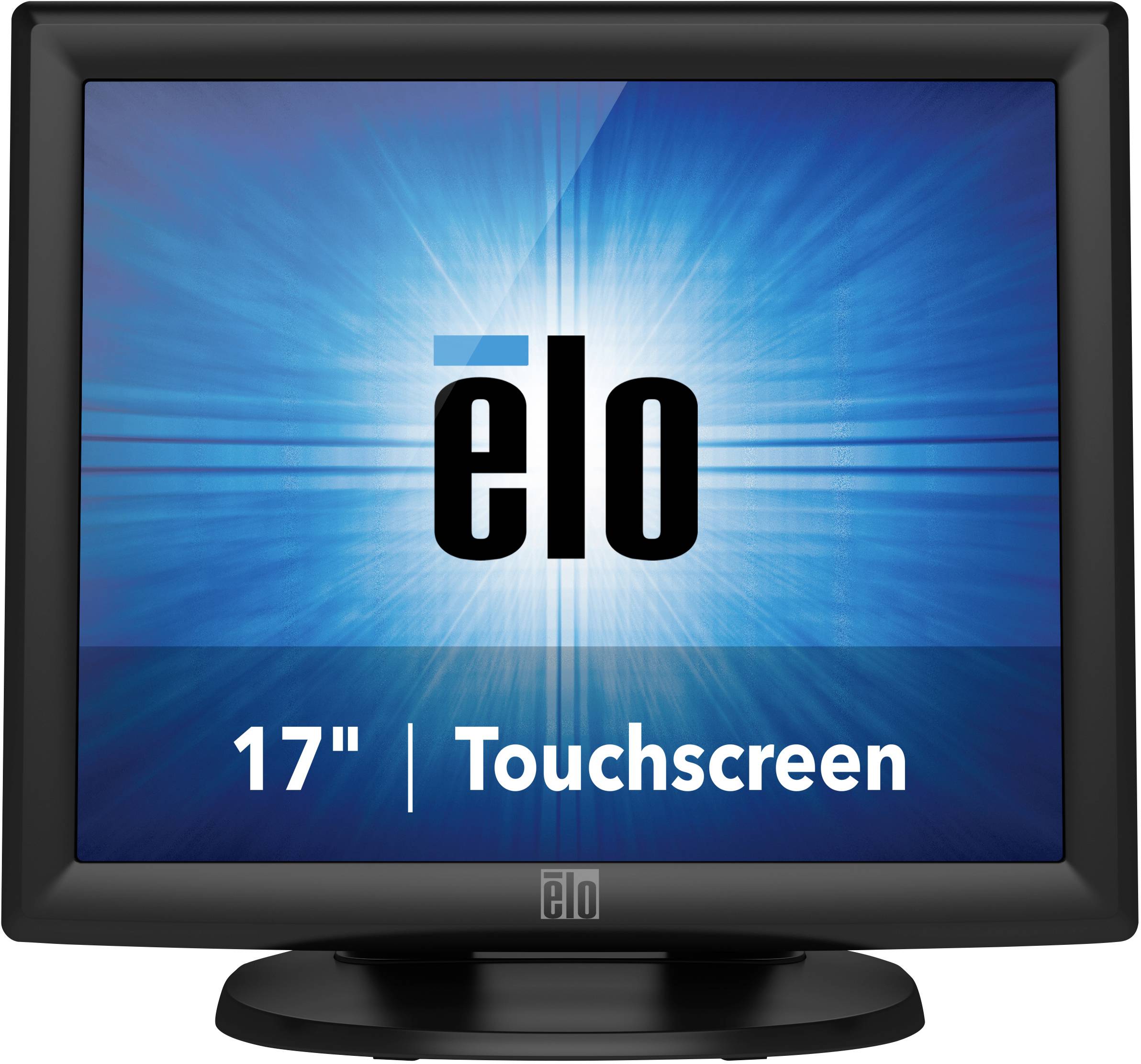 Un monitor touchscreen da 17 pollici con il logo 'elo' sullo schermo, circondato da un pattern di raggi blu.