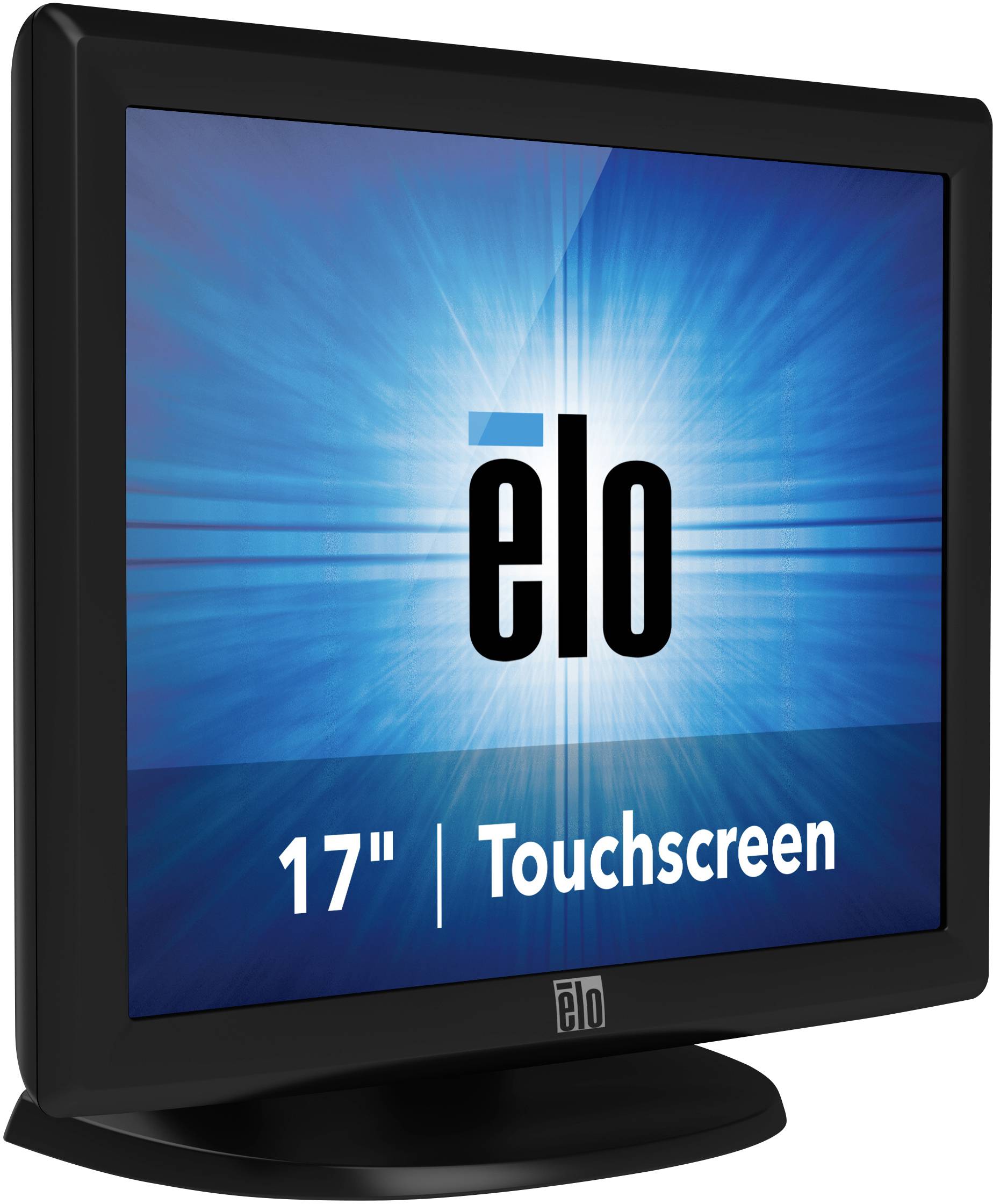 Monitor touchscreen Elo da 17 pollici, con design blu e un luminoso motivo a raggi che mostra il nome del prodotto.
