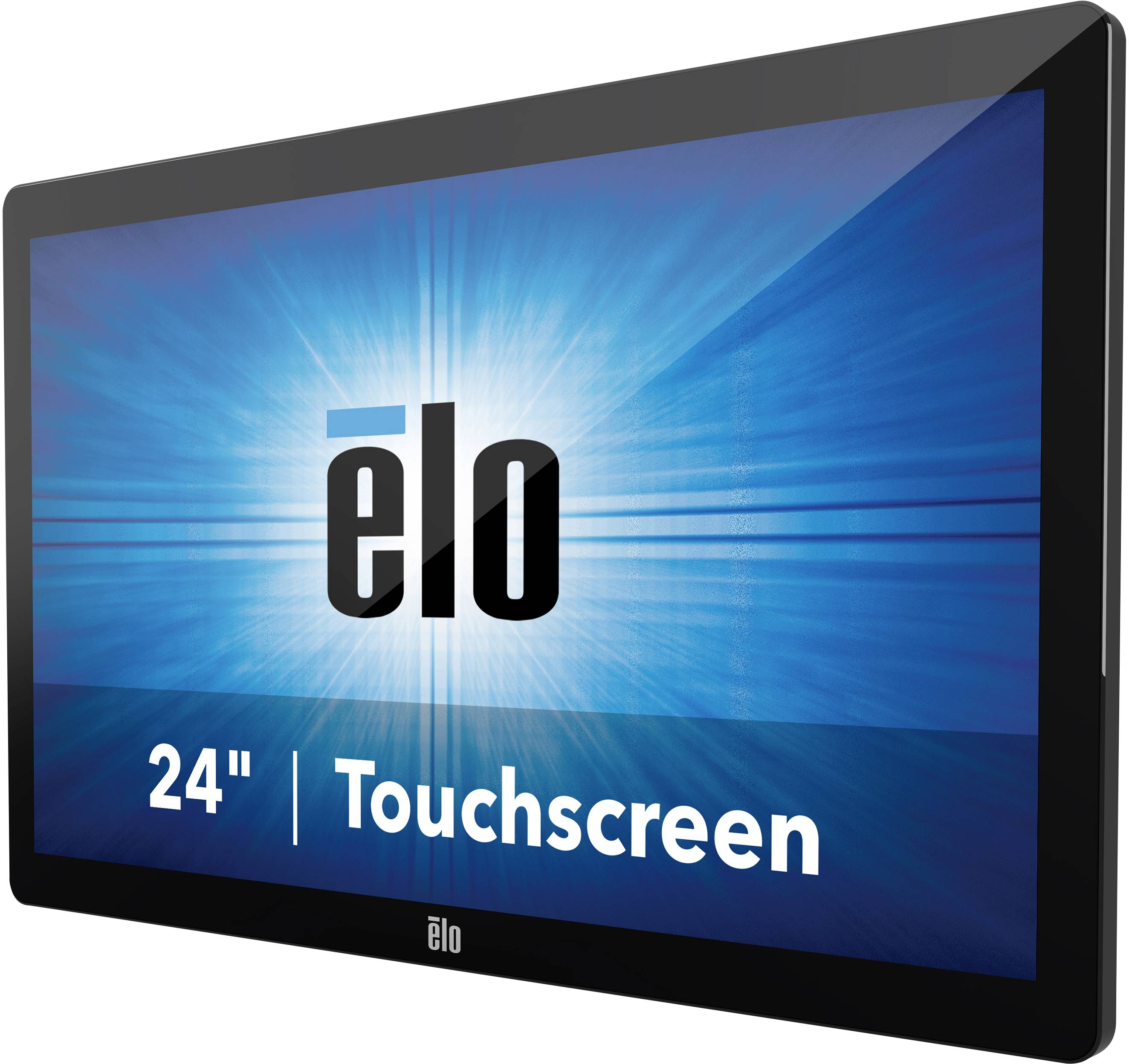 Un monitor touchscreen nero da 24 pollici di Elo Electronics con sfondo blu e scritta bianca.