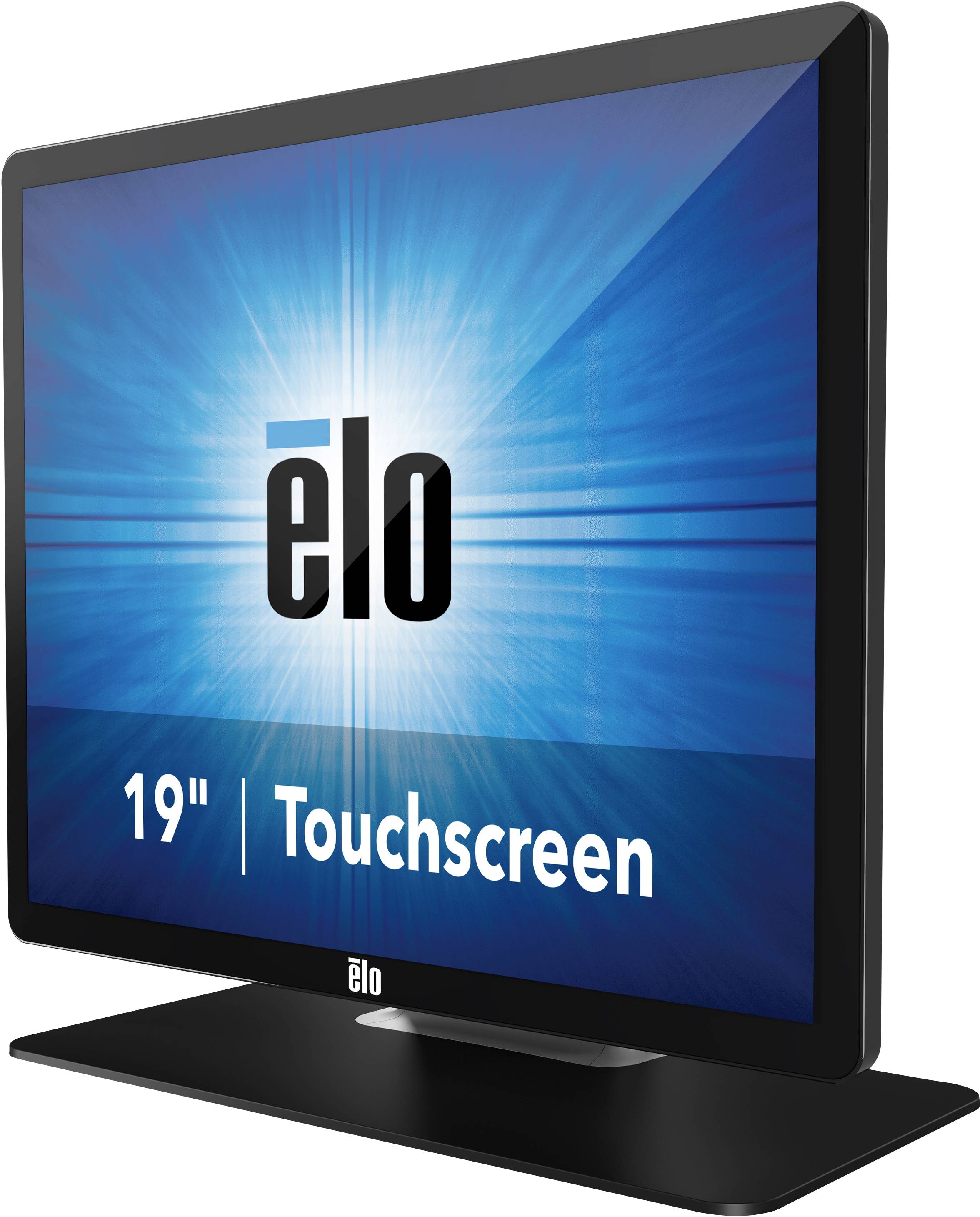 Un monitor touchscreen da 19 pollici di ELO con cornice nera, che mostra il logo blu di ELO sullo sfondo dello schermo.