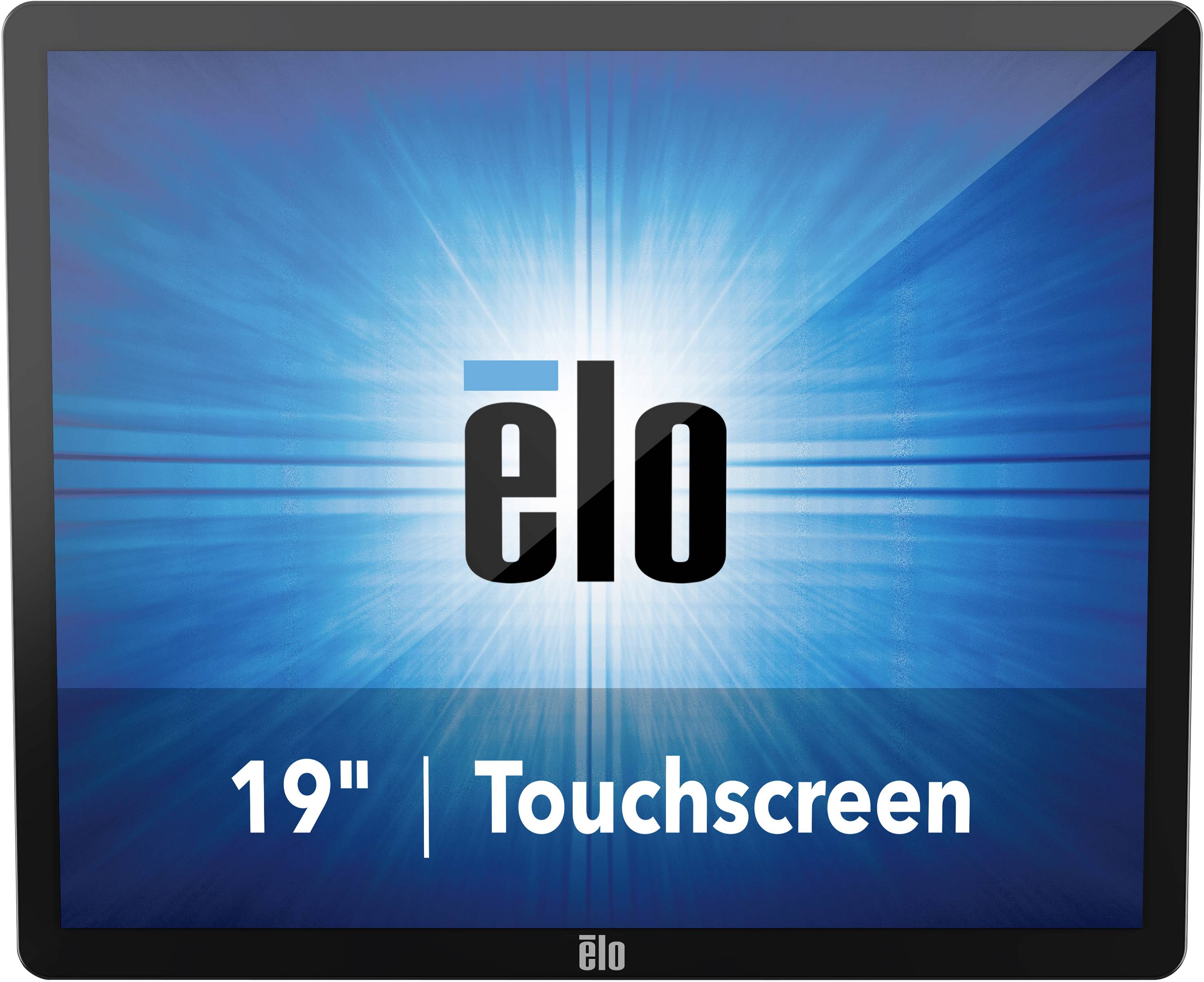 Un monitor touch screen Elo da 19 pollici con uno sfondo blu brillante e il logo 'elo' al centro.