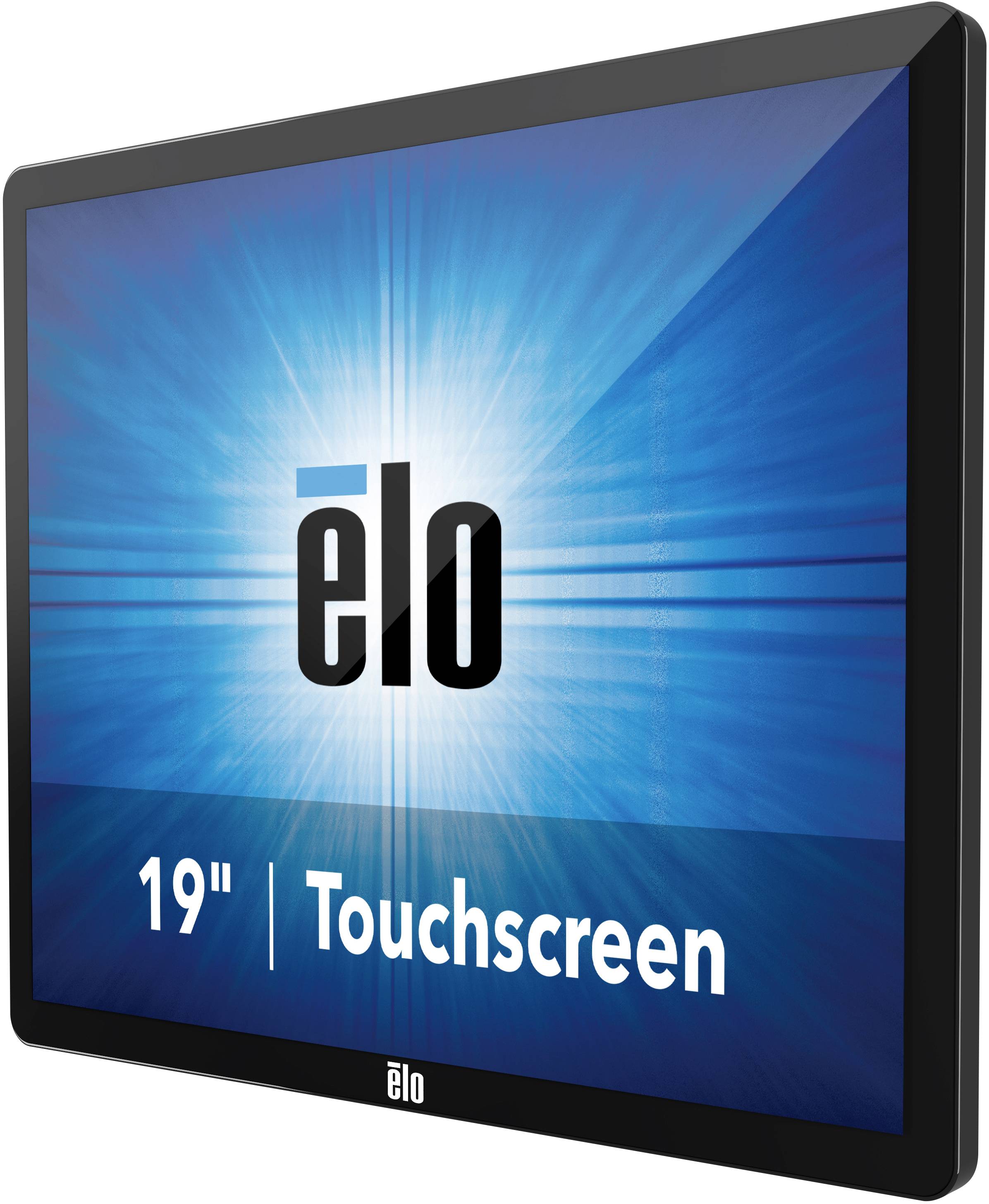 Uno schermo touch da 19 pollici di Elo con uno sfondo blu e la scritta 'elo' al centro.