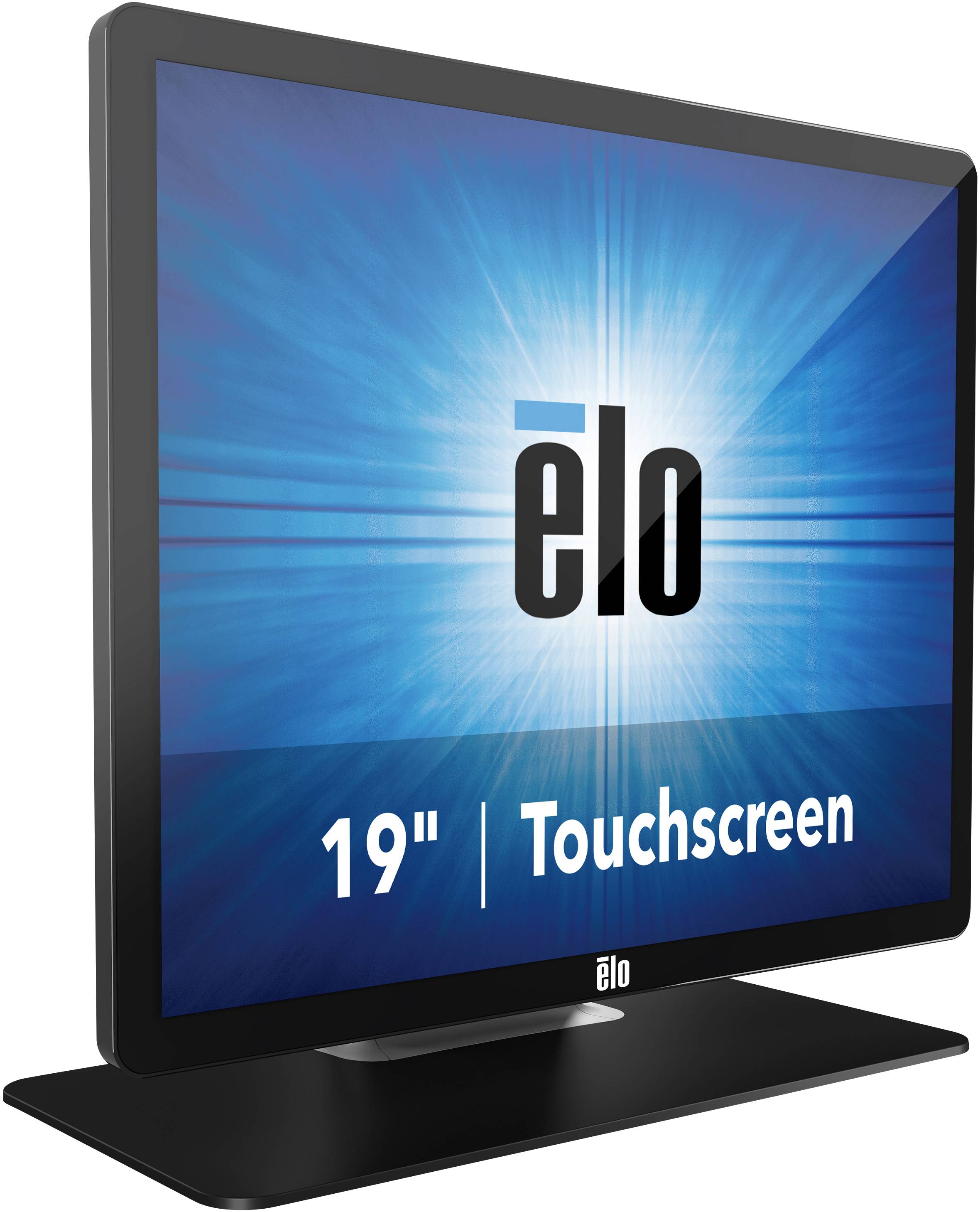Monitor touchscreen Elo da 19" con display lucido su base nera, sfondo blu con motivo a raggi.