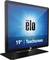 Monitor touchscreen Elo da 19" con display lucido su base nera, sfondo blu con motivo a raggi.