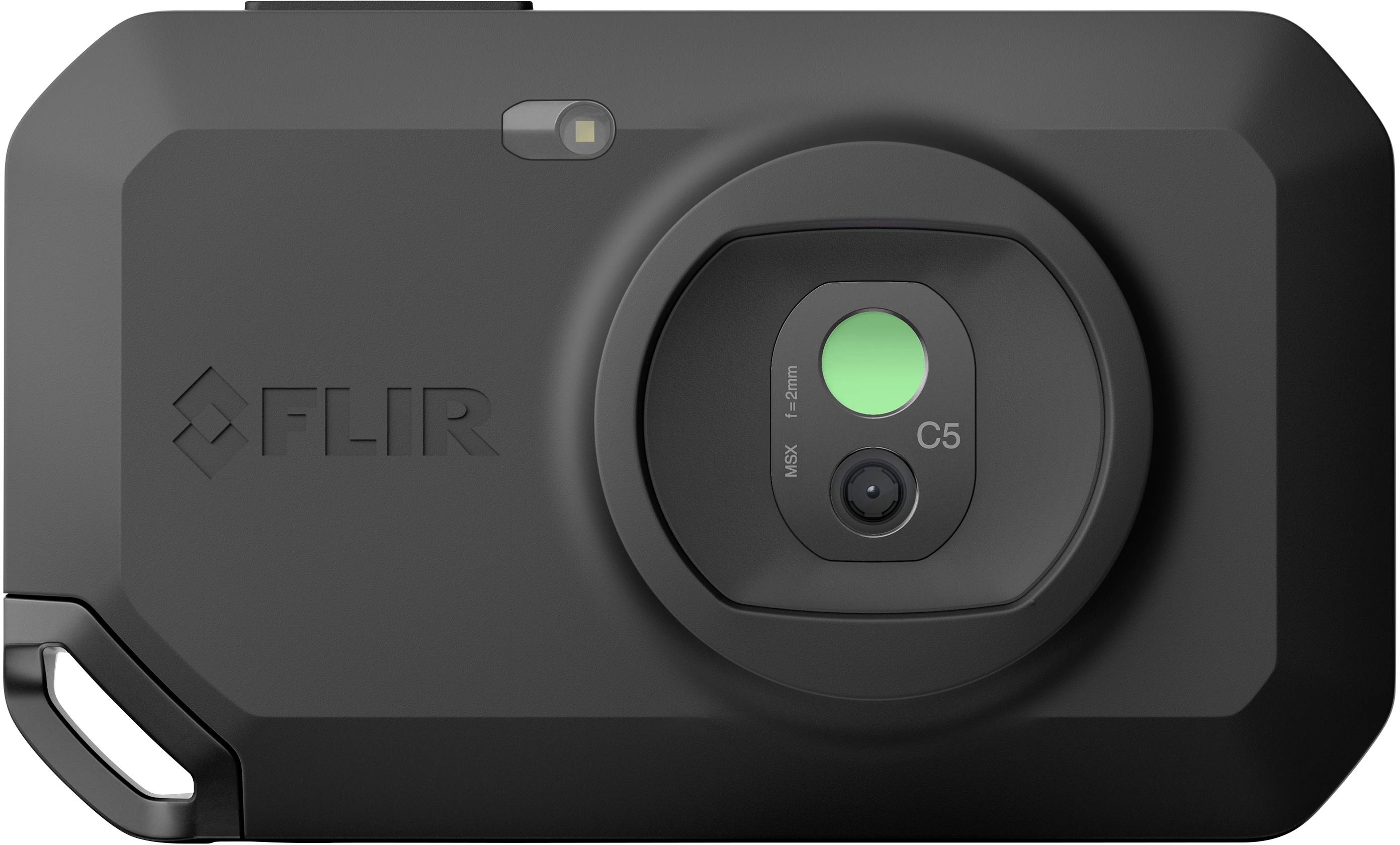 Una telecamera termica nera con la scritta 'FLIR' e l'obiettivo contrassegnato in verde. Il modello C5 è visibile a destra dell'obiettivo.