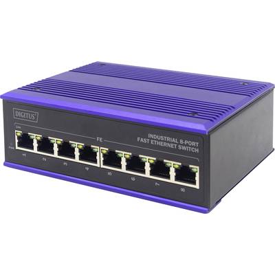 Un switch Ethernet veloce industriale a 8 porte con coperchio blu e chassis nero, adatto per applicazioni di rete.