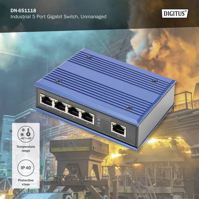 Un switch Gigabit industriale a 5 porte blu del marchio Digitus su uno sfondo industriale. Intervallo di temperatura: da -40°C a 85°C. Classe di protezione IP40.