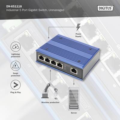 'Switch industriale DN-651118 con 5 porte. Funzioni: protezione contro i fulmini, protezione da sovratensione, alimentazione elettrica.'
