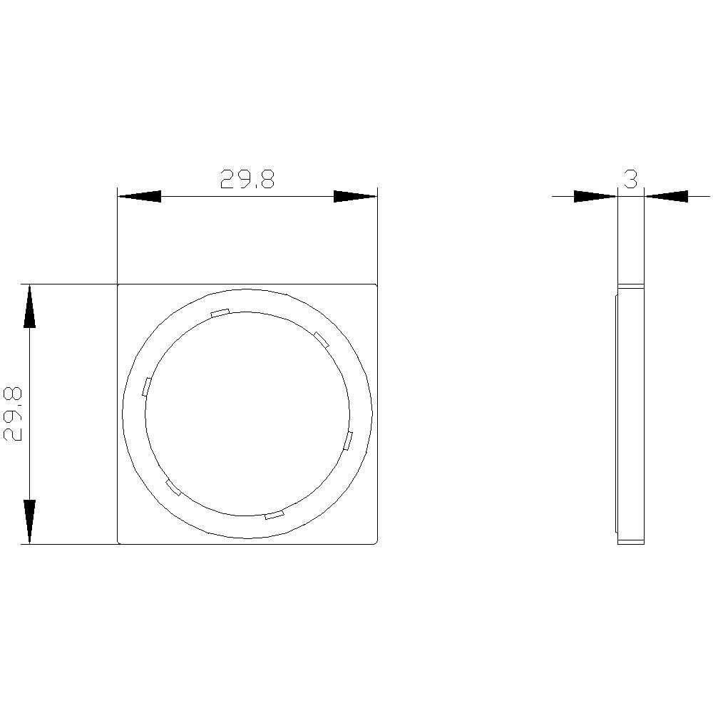 Disegno tecnico di un oggetto quadrato con apertura circolare. Dimensioni: 29,8 x 29,8 x 3. Vista laterale e frontale.