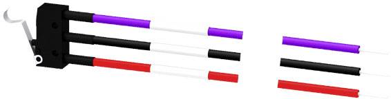 Un modulo a tre sezioni con ganci realizzato con tubi verniciati in nero, bianco, rosso e viola, collegati tramite raccordi neri.