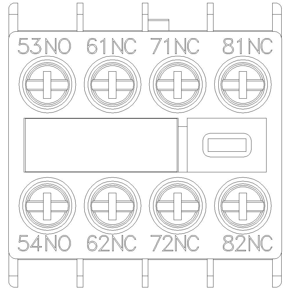 Disegno tecnico di un componente elettrico con etichette: 53NO, 61NC, 71NC, 81NC, 54NO, 62NC, 72NC, 82NC.