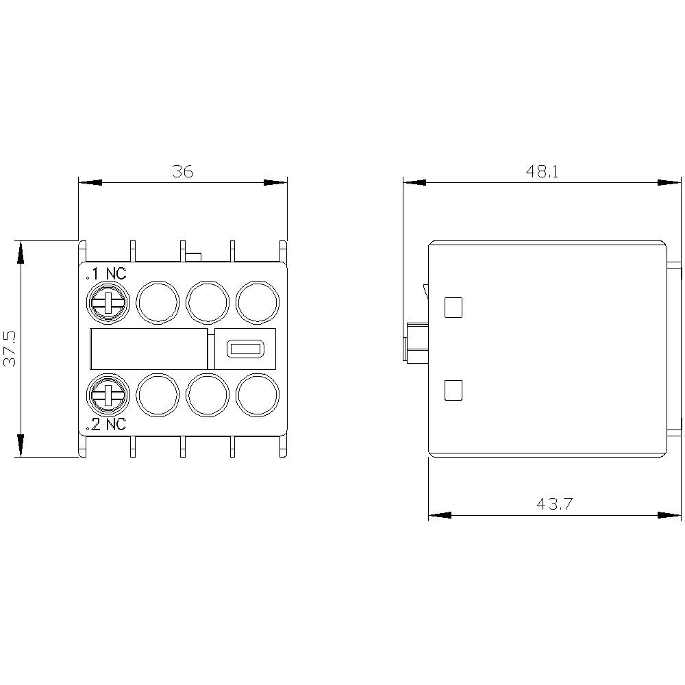 Disegno tecnico di un relè elettrico con dimensioni: larghezza 36 mm, profondità 43,7 mm, altezza 48,1 mm. Mostra i connettori e la disposizione dei pin.