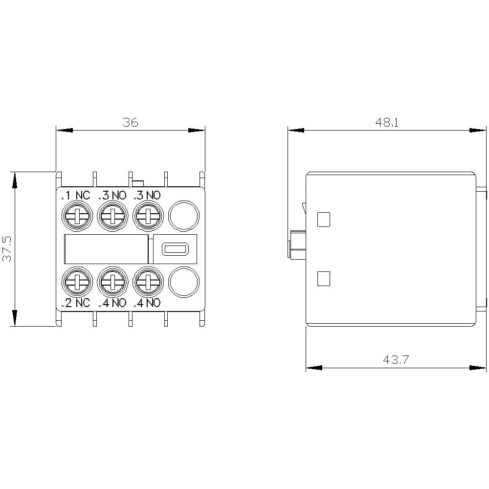 Disegno tecnico di un relè elettrico con dimensioni: larghezza 36 mm, profondità 43,7 mm, altezza 48,1 mm. Mostra i contatti: 1 NC, 2 NC, 3 NO.