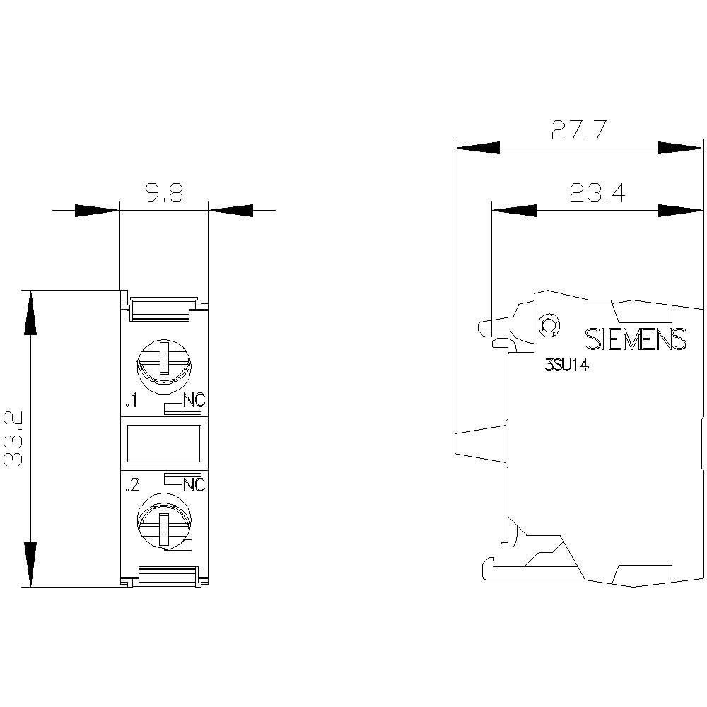 Disegno tecnico di un dispositivo di commutazione Siemens, misure indicate: larghezza 9,8 mm, altezza 33,2 mm, profondità 27,7 mm.