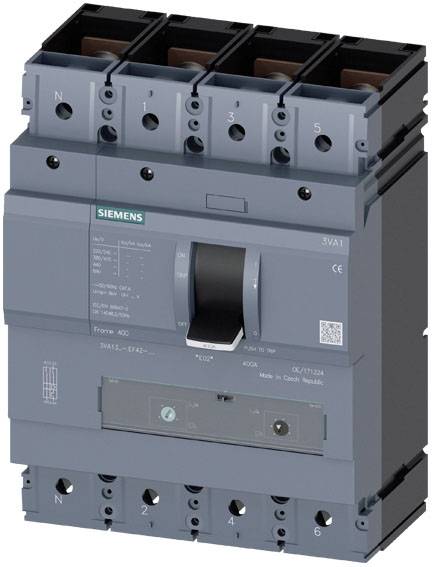 Interruttore di potenza Siemens 3VA1: Involucro grigio, morsetti identificati, leva centrale, per il controllo elettrico.
