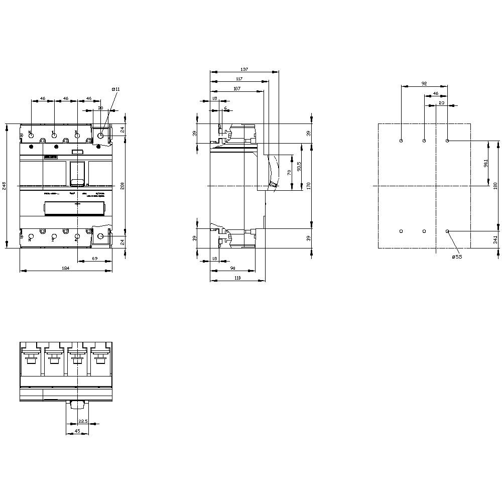 Disegno tecnico di un quadro elettrico con dimensioni, viste laterali e dettagli di connessioni e punti di fissaggio.