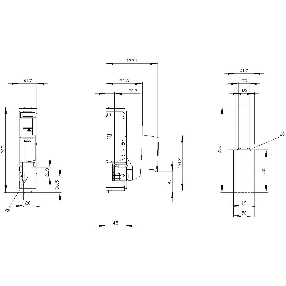 Disegno tecnico di un componente elettrico con tre proiezioni: vista frontale, laterale e dall'alto, con quote dettagliate.