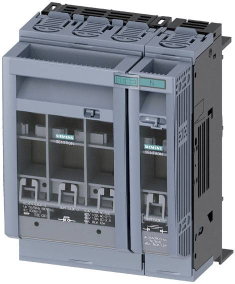 'Dispositivo interruttore Siemens, triplo, grigio, con multiple connessioni, numeri di modello stampati, per applicazioni su quadri elettrici.'
