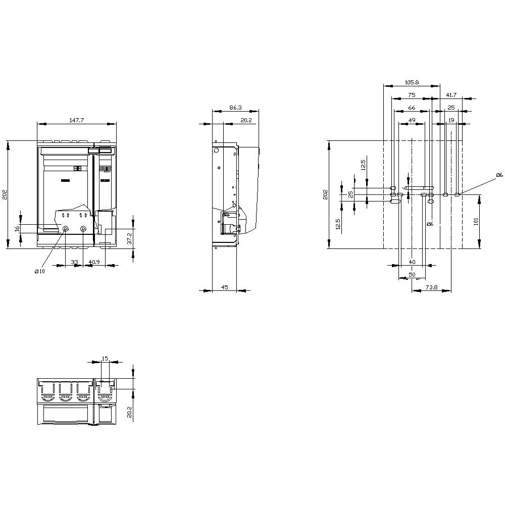 Disegno tecnico di un quadro elettrico con vista frontale, laterale e dall'alto. Le dimensioni e le distanze sono indicate dettagliatamente.