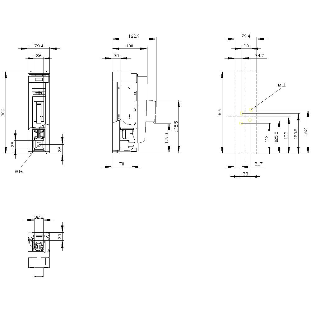 Disegno tecnico di un componente meccanico con più viste, quote e dettagli relativi a distanze e fori.