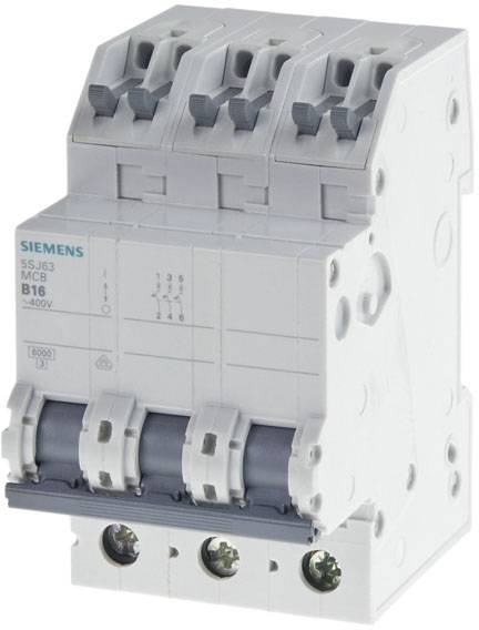 'Siemens 5SJ63' Interruttore magnetotermico, tripolare, 16A, 400V. Utilizzato per prevenire sovraccarichi e cortocircuiti in sistemi elettrici.