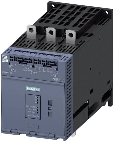 Un interruttore elettronico di protezione Siemens, modello 'SIRIUS 3RV3051-4UL10', con tre connettori in alto e un elemento di comando blu sulla parte anteriore.