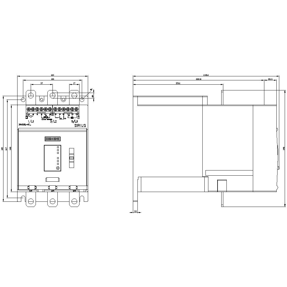 Disegno tecnico di un interruttore elettrico, vista frontale e laterale, con misure precise e dettagli di connessione.
