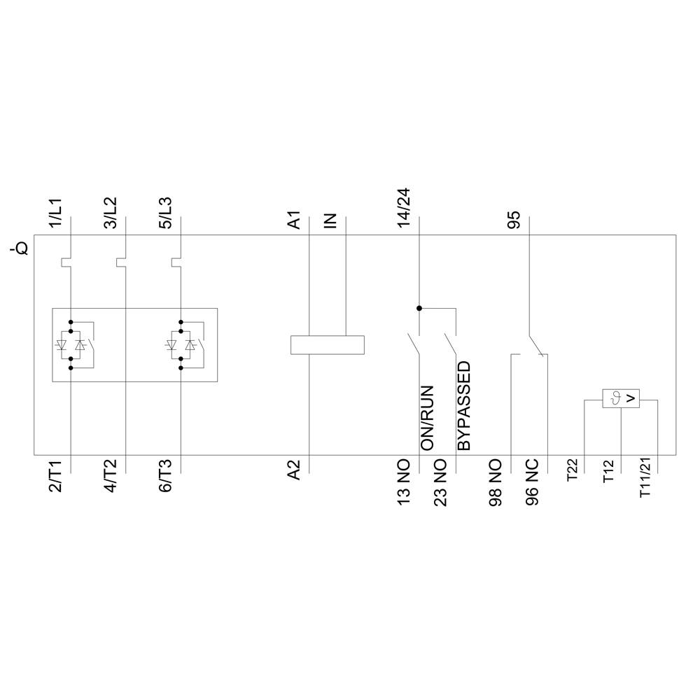 Schema elettrico di un circuito trifase con fasi L1, L2, L3, interruttori di protezione 2/T1, 4/T2, 6/T3 e morsetti di connessione A1, A2, 14/24.