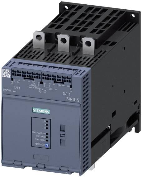 Dispositivo industriale di commutazione Siemens, modello SIRIUS, con tre morsetti di connessione superiori, raffigurante il pannello frontale blu con posizione dell'interruttore.